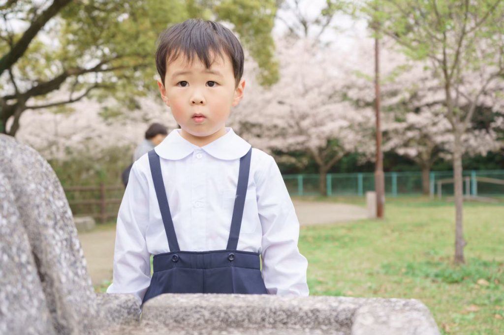 桜の木と男の子の写真